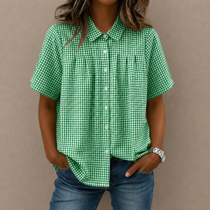 Camisa Celia™ con Estampado de Cuadros Vichy, Pliegues Frontales y Corte Amplio
