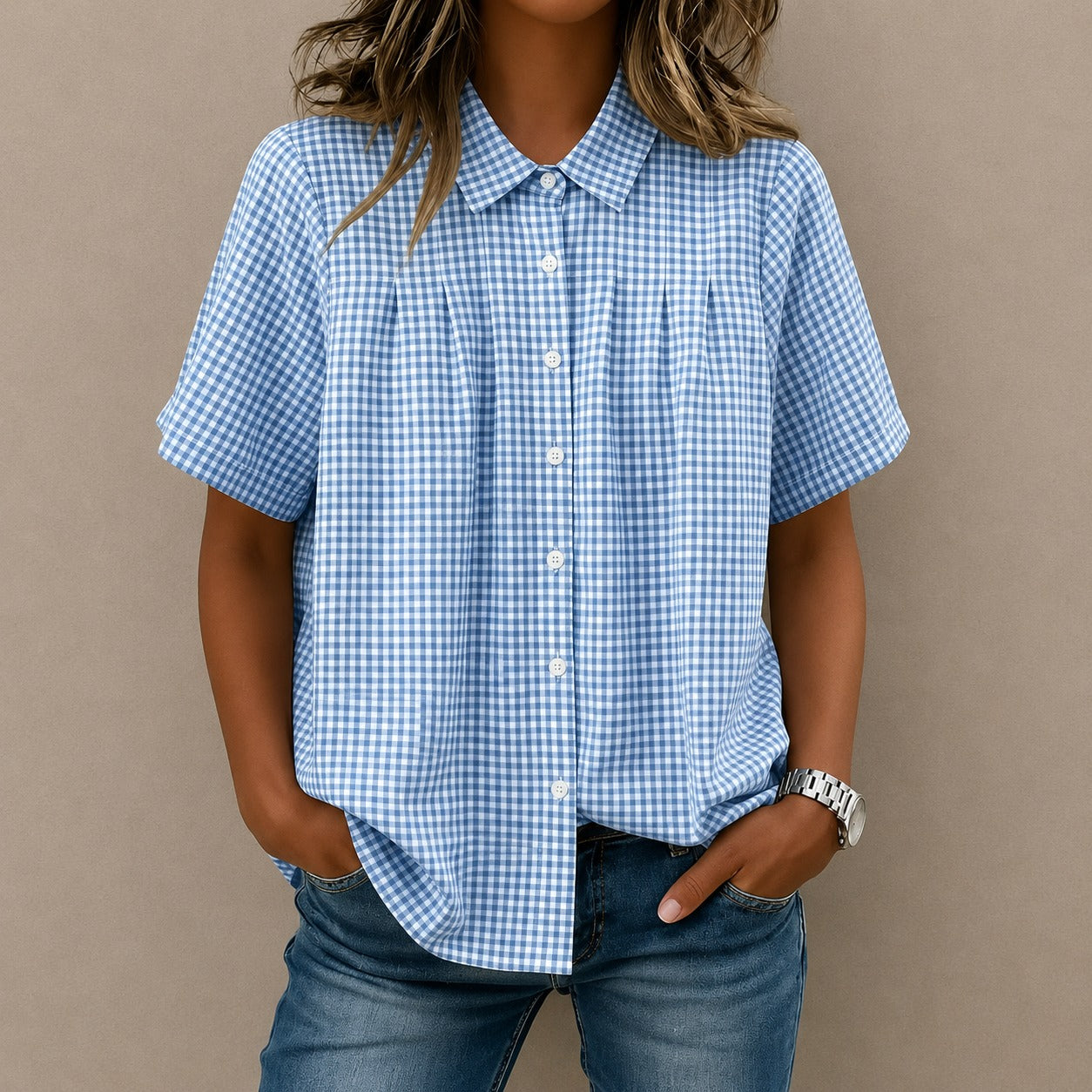 Camisa Celia™ con Estampado de Cuadros Vichy, Pliegues Frontales y Corte Amplio