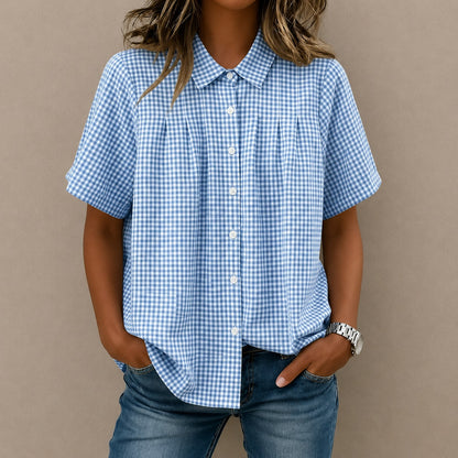Camisa Celia™ con Estampado de Cuadros Vichy, Pliegues Frontales y Corte Amplio