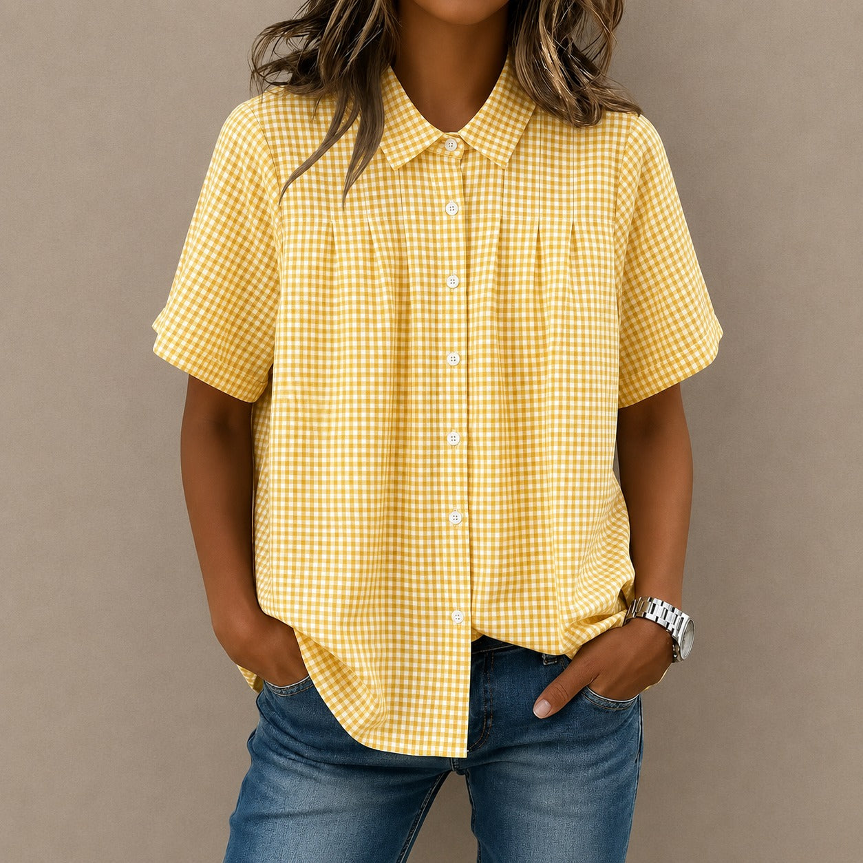 Camisa Celia™ con Estampado de Cuadros Vichy, Pliegues Frontales y Corte Amplio