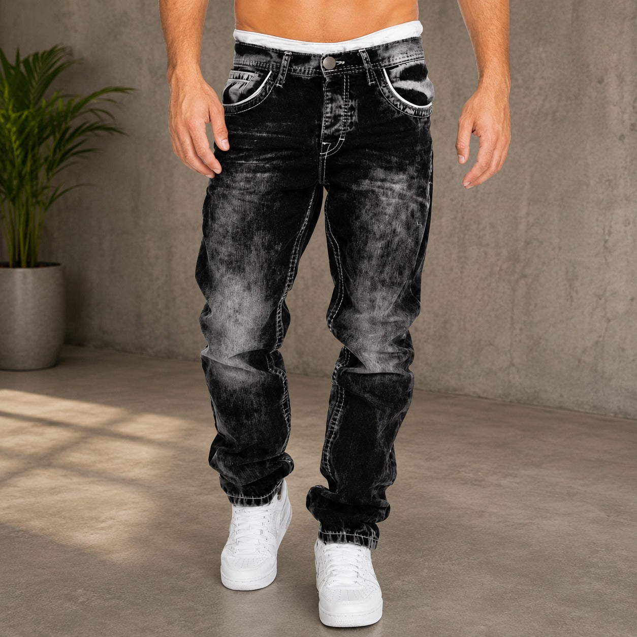 Pantalón Vasto™ con Lavado Desgastado, Corte Recto y Costuras en Contraste