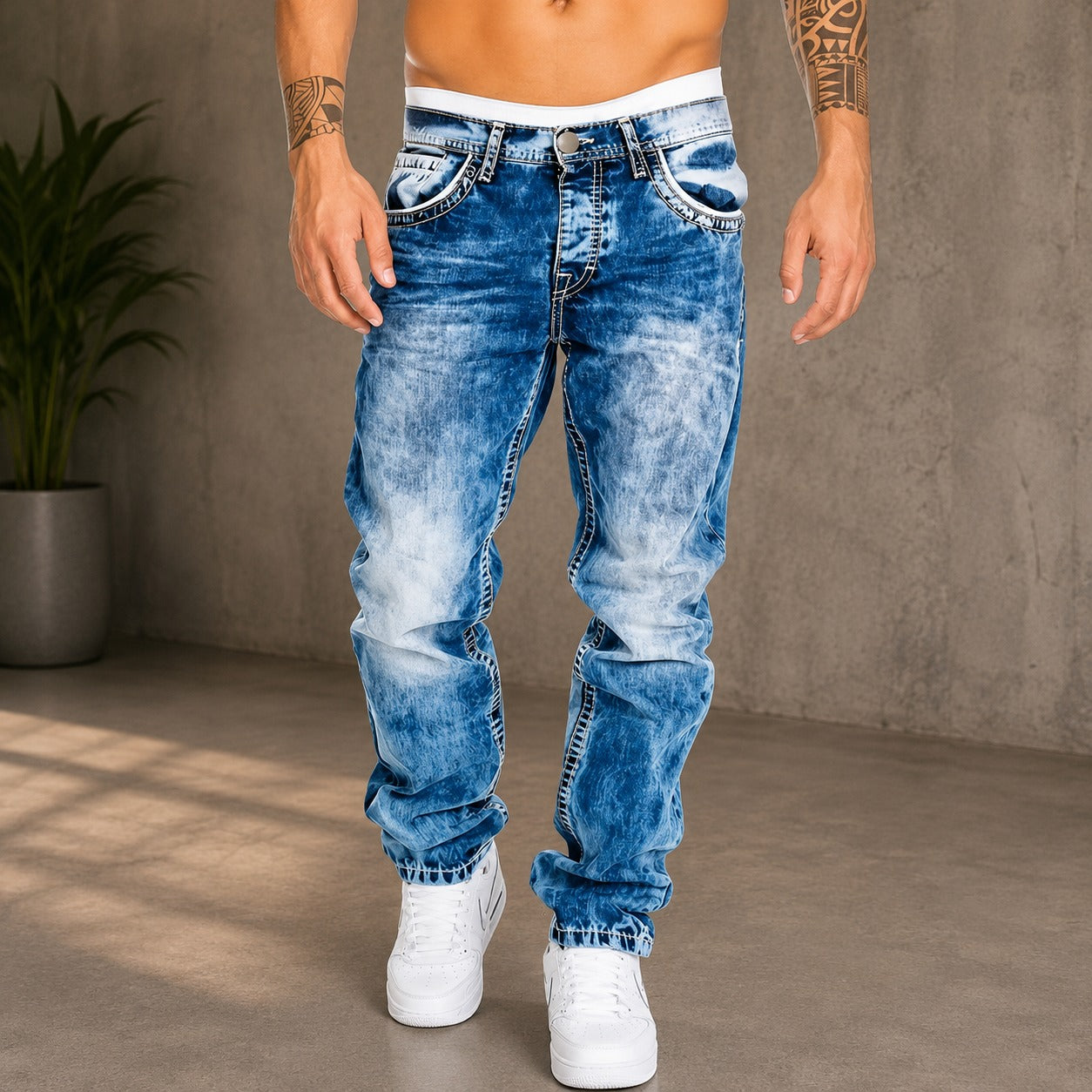 Pantalón Vasto™ con Lavado Desgastado, Corte Recto y Costuras en Contraste