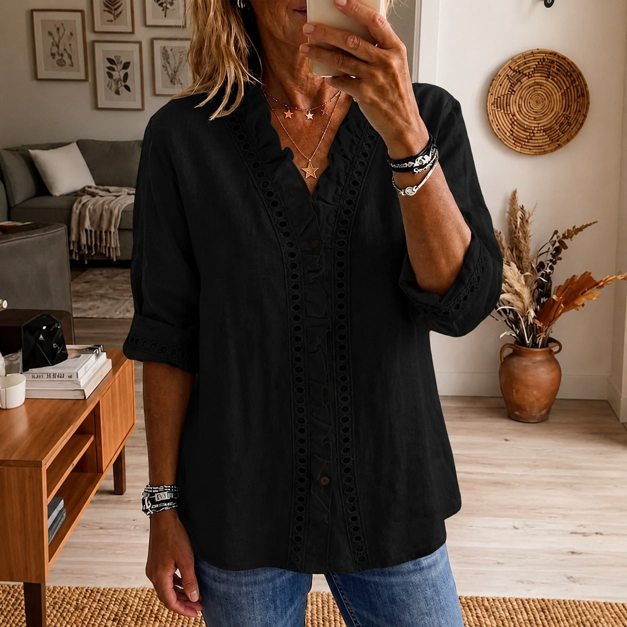 Blusa Lucena™ con Encaje Calado y Volantes Delicados