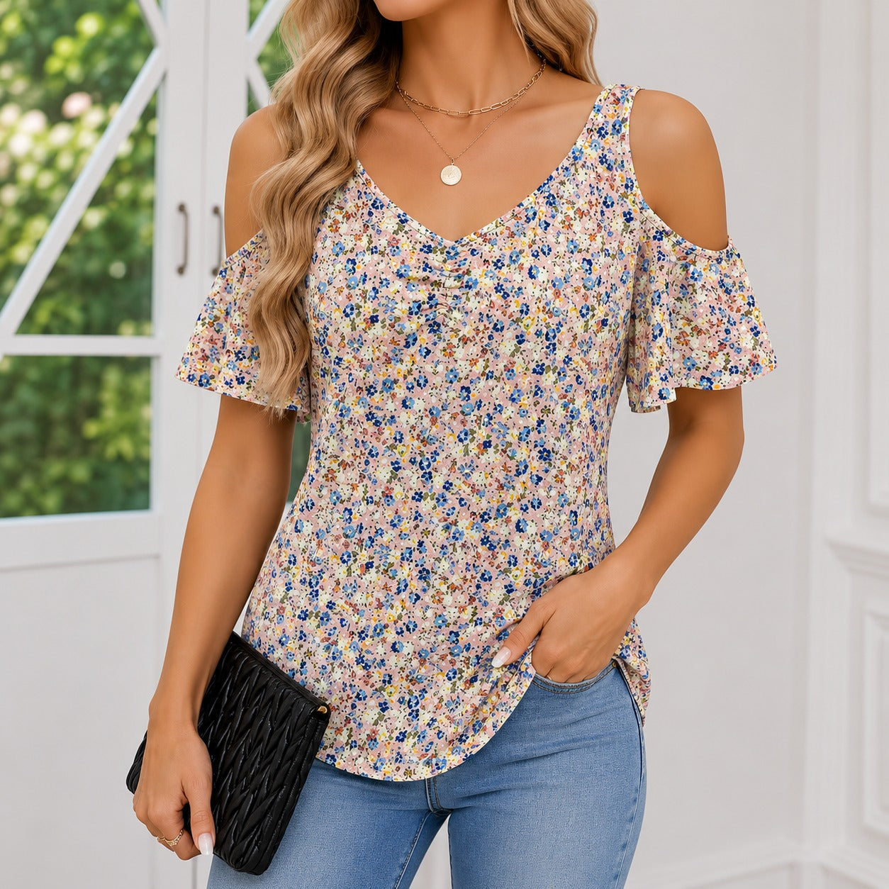 Blusa Varella™ con Hombros Descubiertos, Escote V y Frunce Central