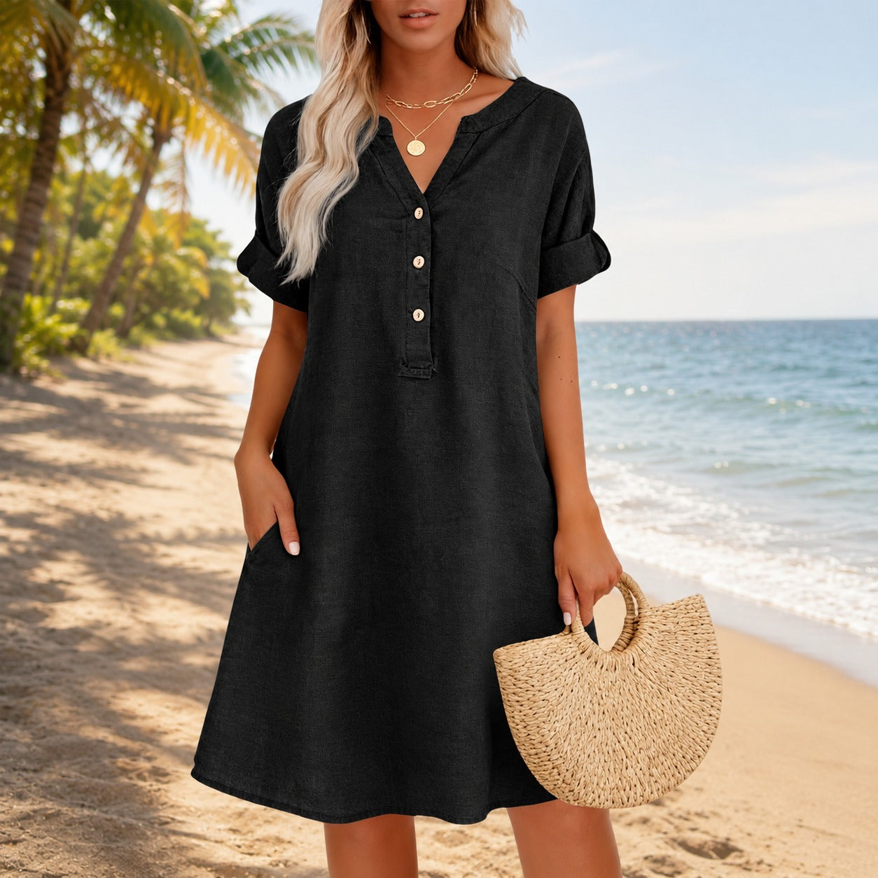 Vestido Talisa™ con Escote V, Botones Frontales y Bolsillos Laterales