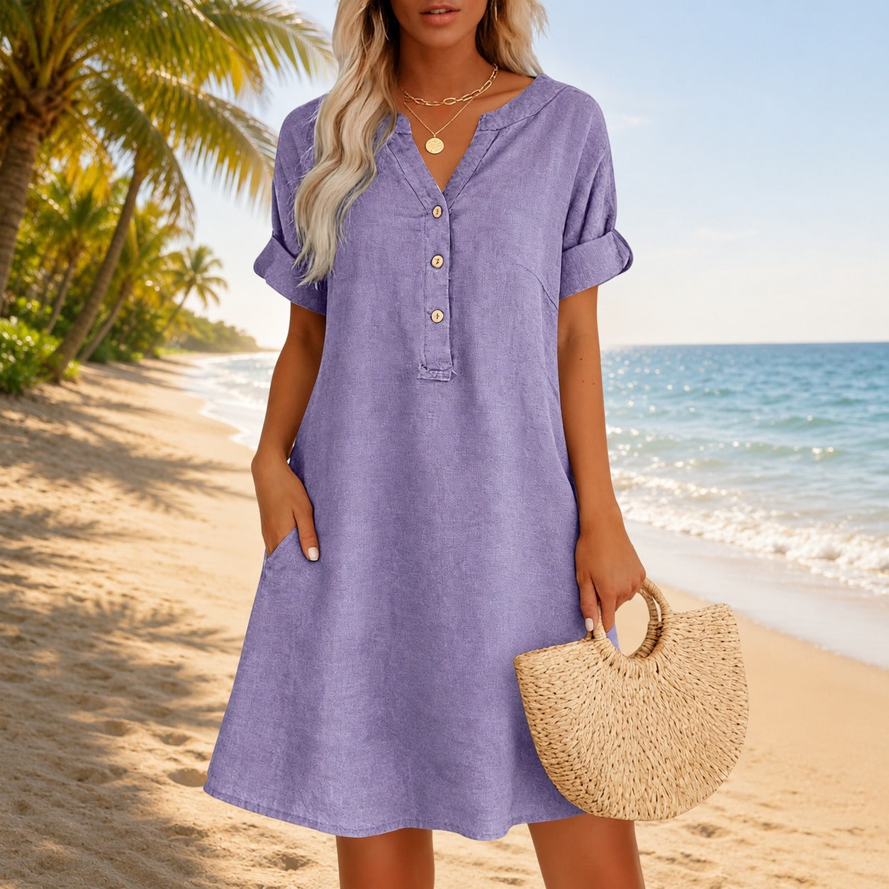 Vestido Talisa™ con Escote V, Botones Frontales y Bolsillos Laterales