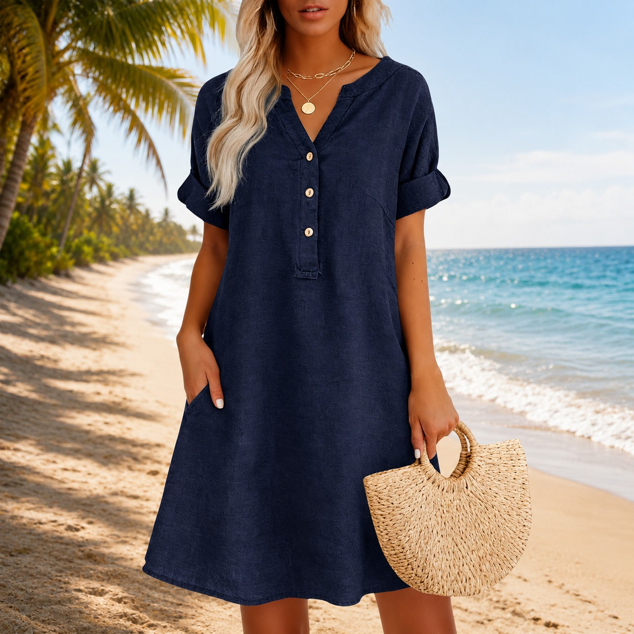 Vestido Talisa™ con Escote V, Botones Frontales y Bolsillos Laterales
