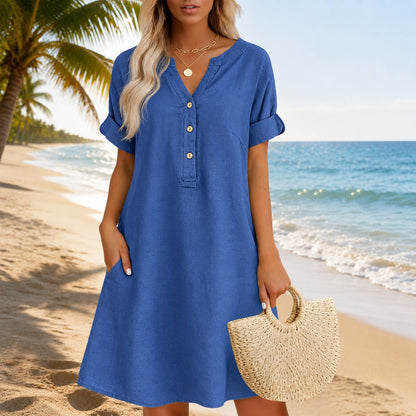 Vestido Talisa™ con Escote V, Botones Frontales y Bolsillos Laterales