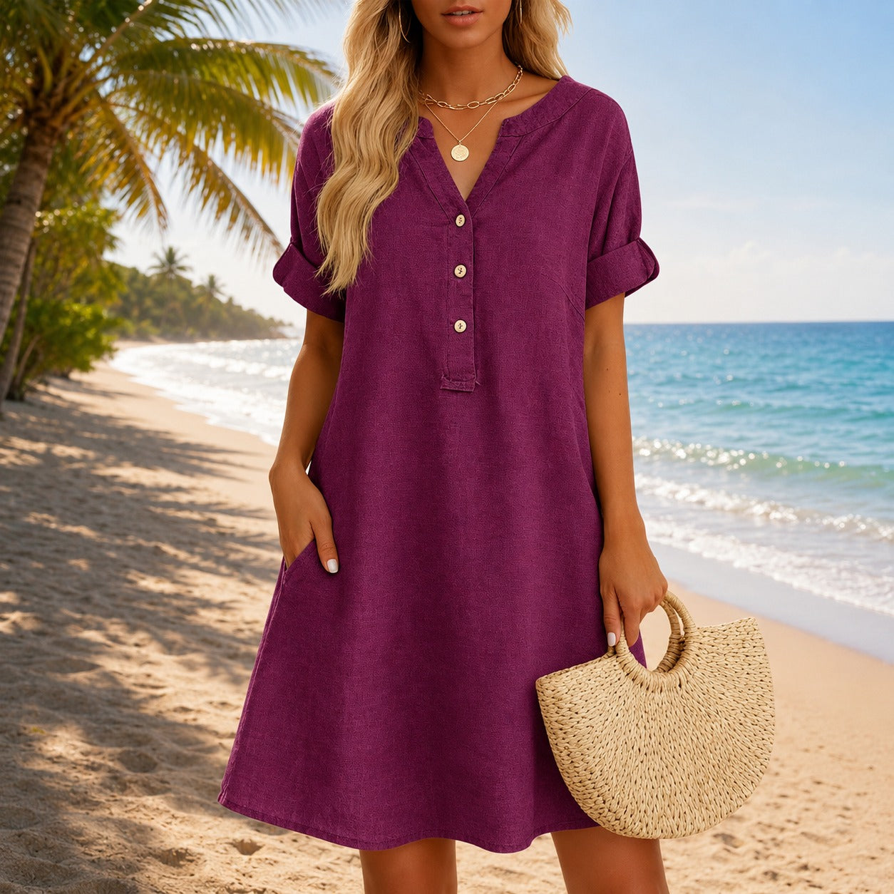 Vestido Talisa™ con Escote V, Botones Frontales y Bolsillos Laterales