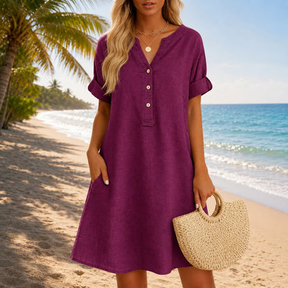 Vestido Talisa™ con Escote V, Botones Frontales y Bolsillos Laterales