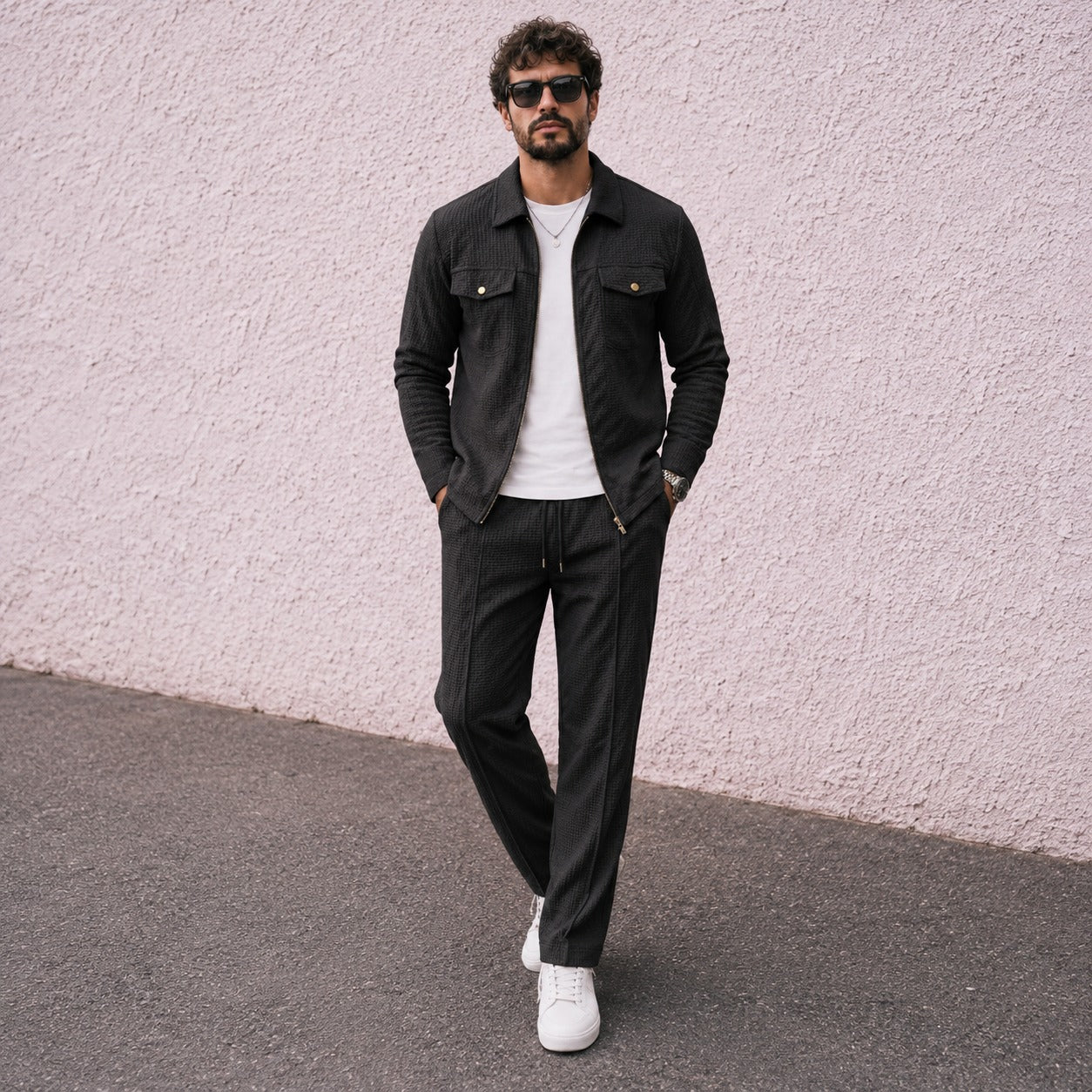 Conjunto Alvero™ con Sobrecamisa Texturizada, Cremallera y Pantalón Ajustable