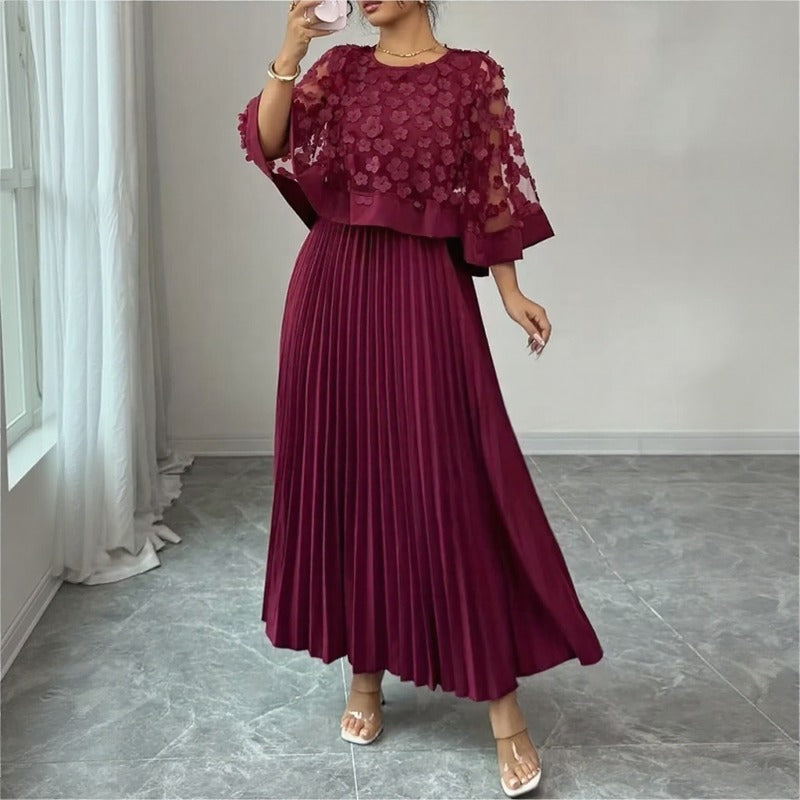 Vestido Midi Rosmara™ Efecto 2 En 1 Con Tul Floral 3D Y Falda Plisada