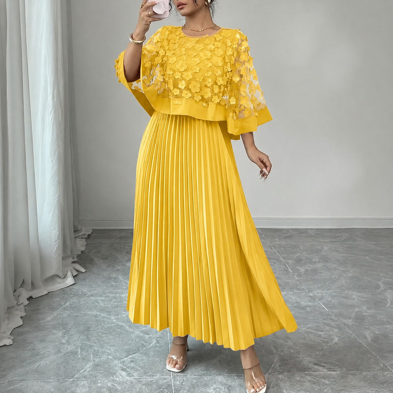 Vestido Midi Rosmara™ Efecto 2 En 1 Con Tul Floral 3D Y Falda Plisada