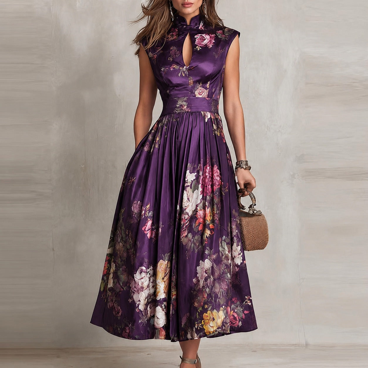 Vestido Vitoriana™ con Cuello Mandarín, Abertura Frontal y Falda Evasé