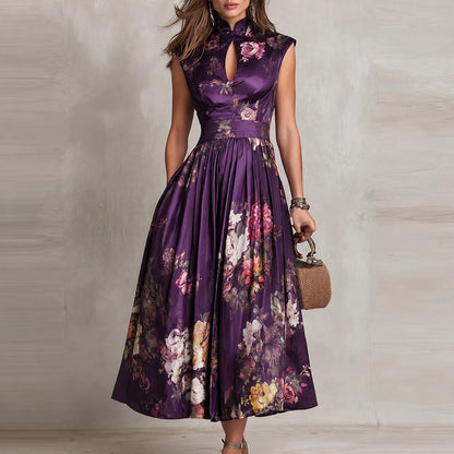 Vestido Vitoriana™ con Cuello Mandarín, Abertura Frontal y Falda Evasé