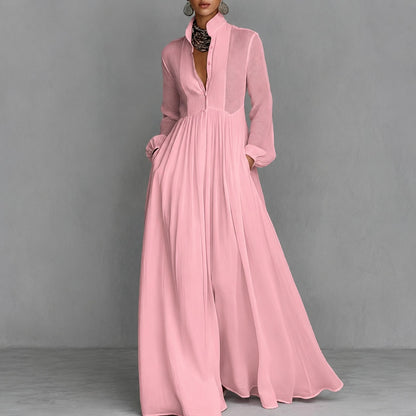 Vestido Valeria™ con Textura Plisada, Cuello Alto y Falda Fluida