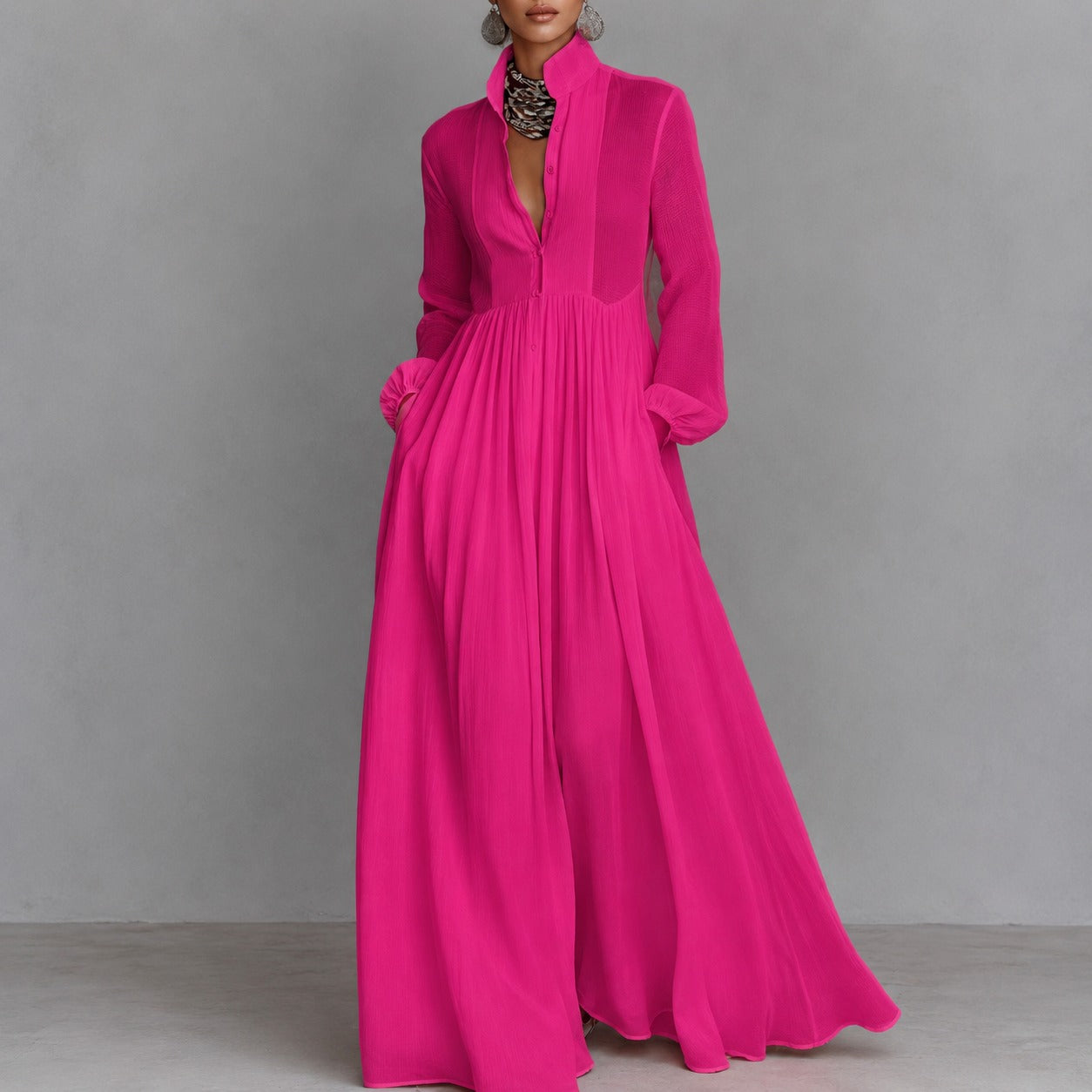Vestido Valeria™ con Textura Plisada, Cuello Alto y Falda Fluida