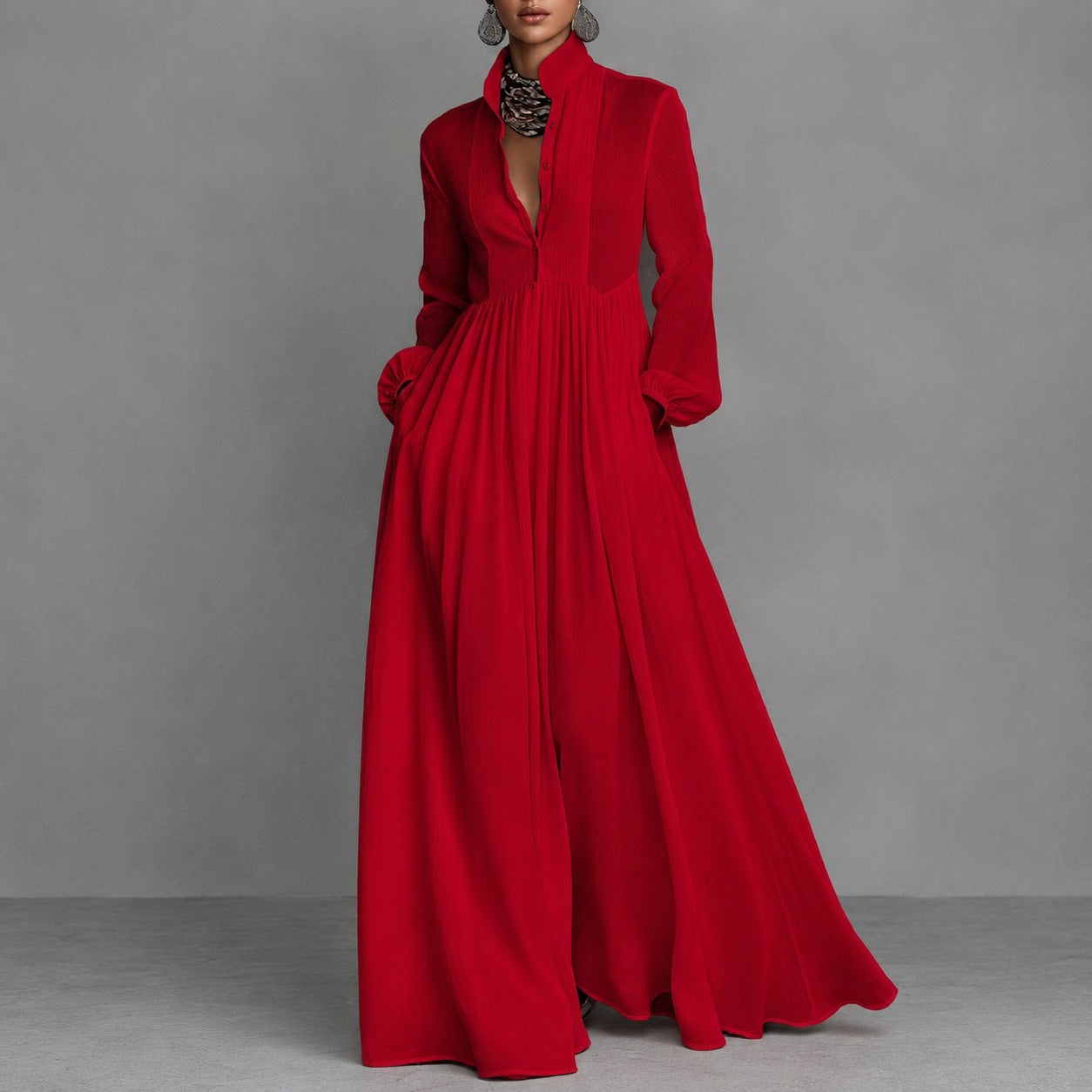 Vestido Valeria™ con Textura Plisada, Cuello Alto y Falda Fluida