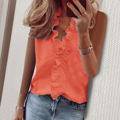 Blusa Violette™ De Chiffon Premium Sin Mangas Con Volantes Frontales Y Corte Amplio