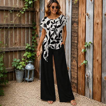 Conjunto Calandra™ Con Top De Drapeado Lateral Y Pantalón Palazzo De Caída Elegante