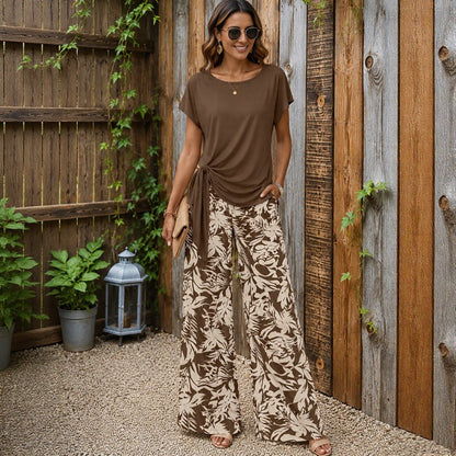 Conjunto Calandra™ Con Top De Drapeado Lateral Y Pantalón Palazzo De Caída Elegante