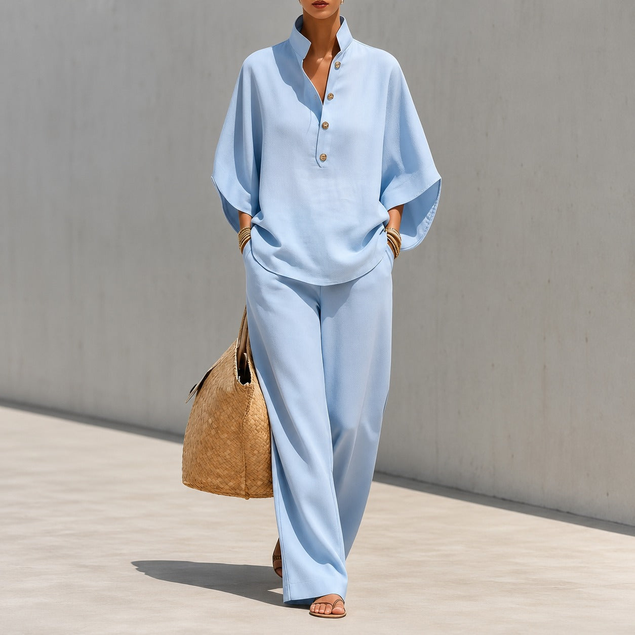 Conjunto Liorena™ Con Blusa De Mangas Amplias Y Pantalón Largo / Un Look Completo Para Viajes Y Paseos Sofisticados