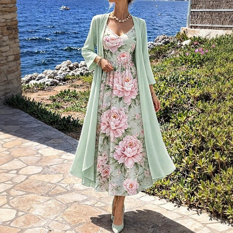 Conjunto Florisse™ Con Vestido Midi Floral Y Cárdigan Largo