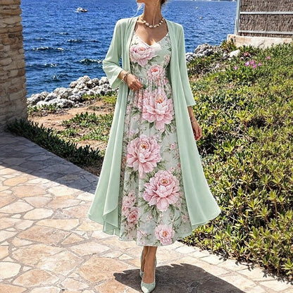 Conjunto Florisse™ Con Vestido Midi Floral Y Cárdigan Largo