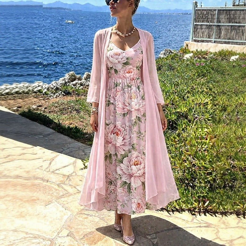 Conjunto Florisse™ Con Vestido Midi Floral Y Cárdigan Largo
