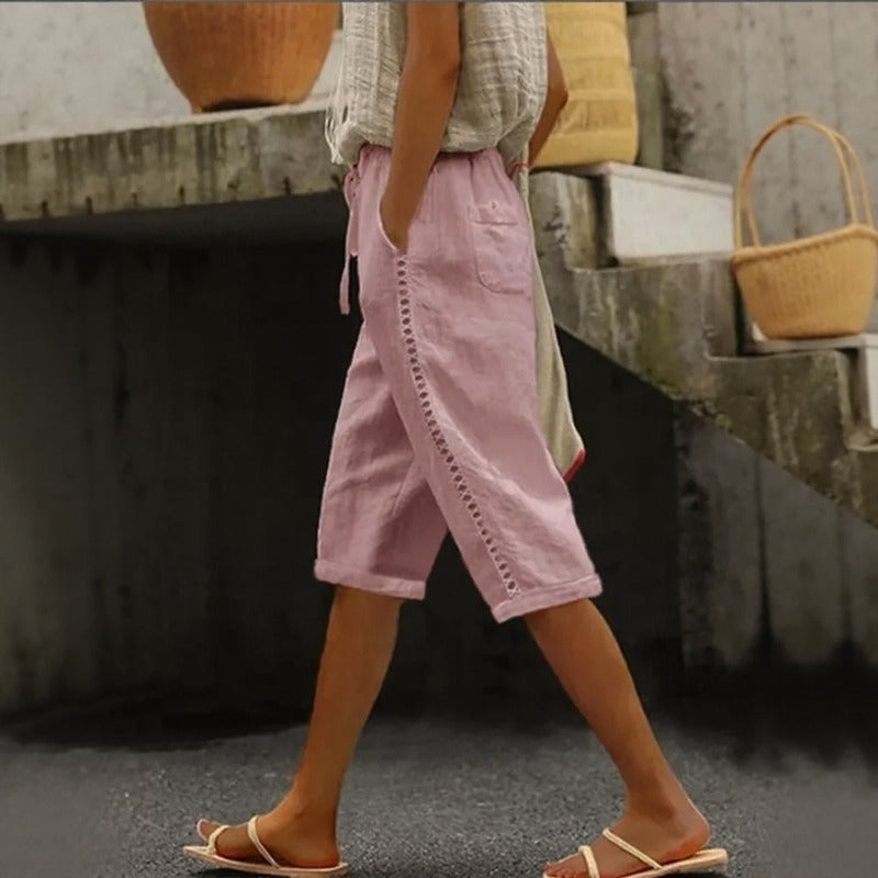 Pantalón Culotte Tavina™ De Lino Y Algodón Con Detalles Calados Laterales