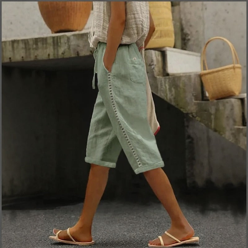 Pantalón Culotte Tavina™ De Lino Y Algodón Con Detalles Calados Laterales