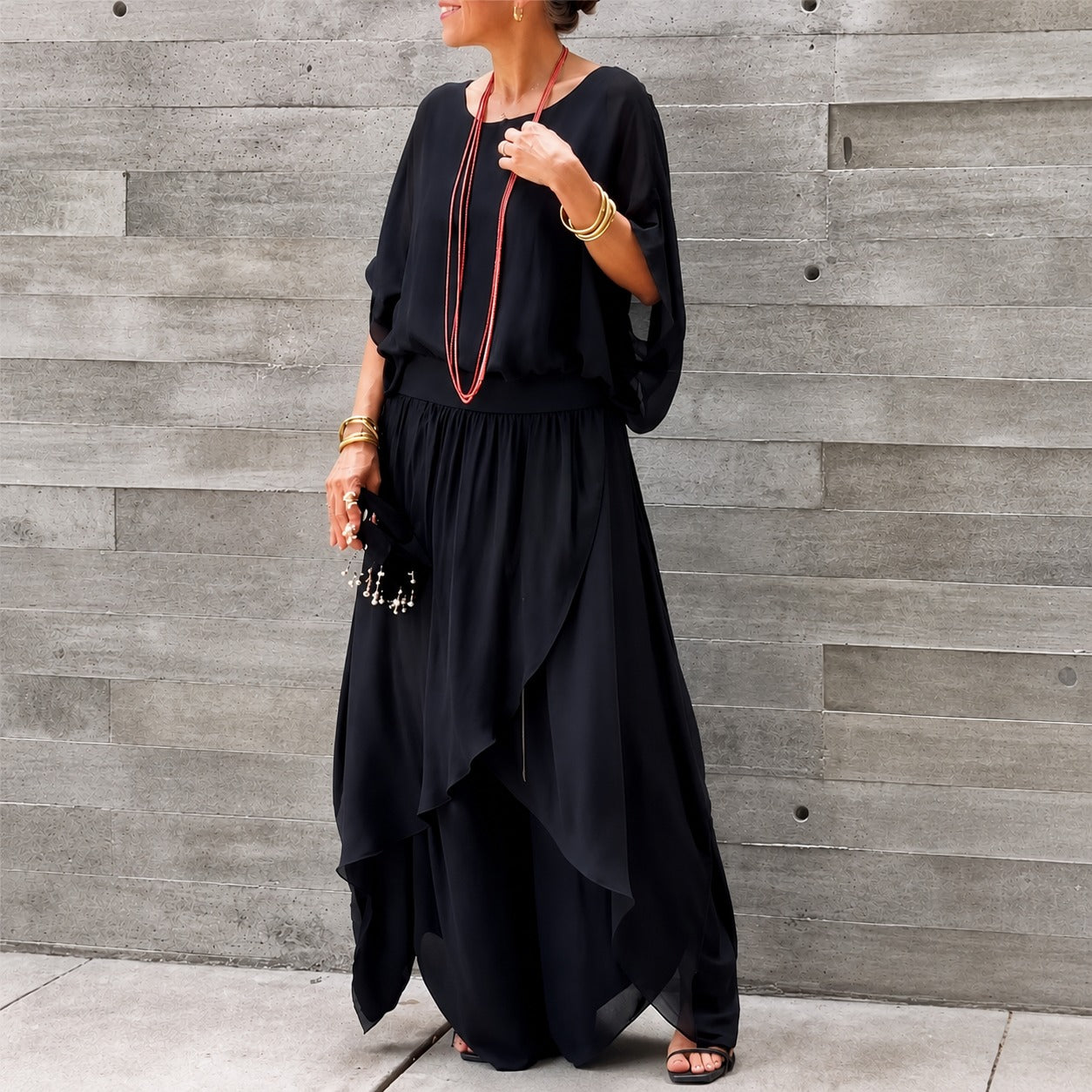 Conjunto Lurea™ con Blusa de Mangas Murciélago y Pantalón de Pierna Ancha con Sobreposición
