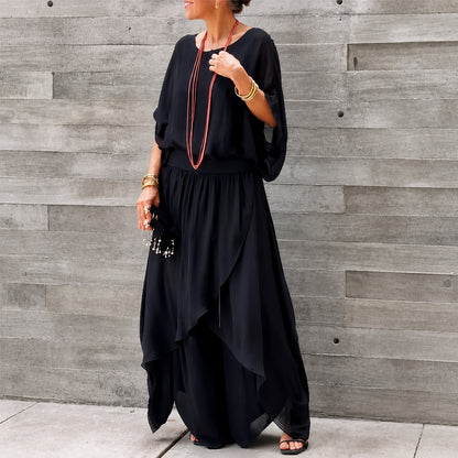 Conjunto Lurea™ con Blusa de Mangas Murciélago y Pantalón de Pierna Ancha con Sobreposición