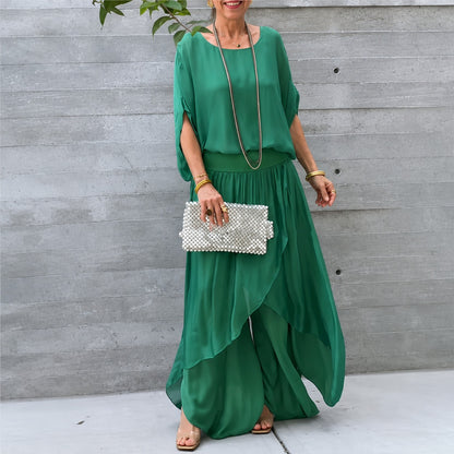 Conjunto Lurea™ con Blusa de Mangas Murciélago y Pantalón de Pierna Ancha con Sobreposición