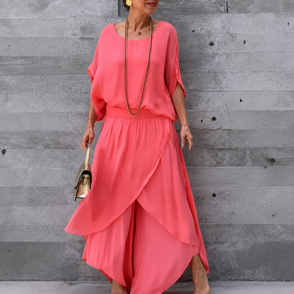 Conjunto Lurea™ con Blusa de Mangas Murciélago y Pantalón de Pierna Ancha con Sobreposición