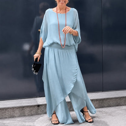Conjunto Lurea™ con Blusa de Mangas Murciélago y Pantalón de Pierna Ancha con Sobreposición