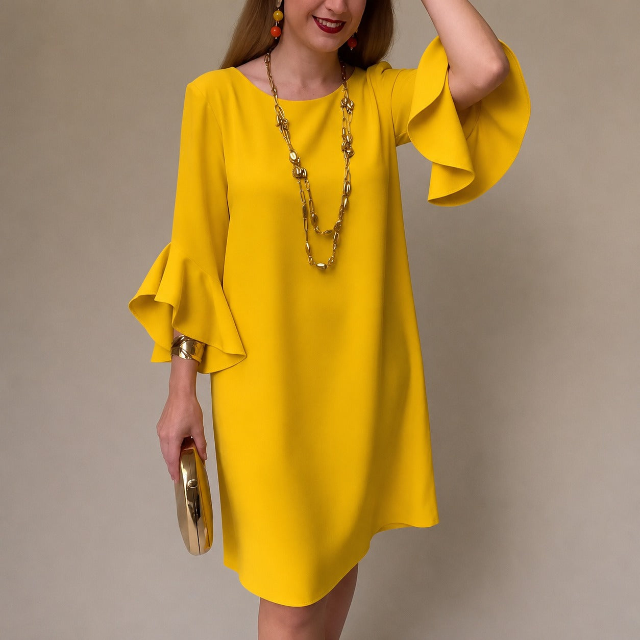 Vestido Lorien™ con Mangas de Volantes, Caída Fluida y Corte Recto