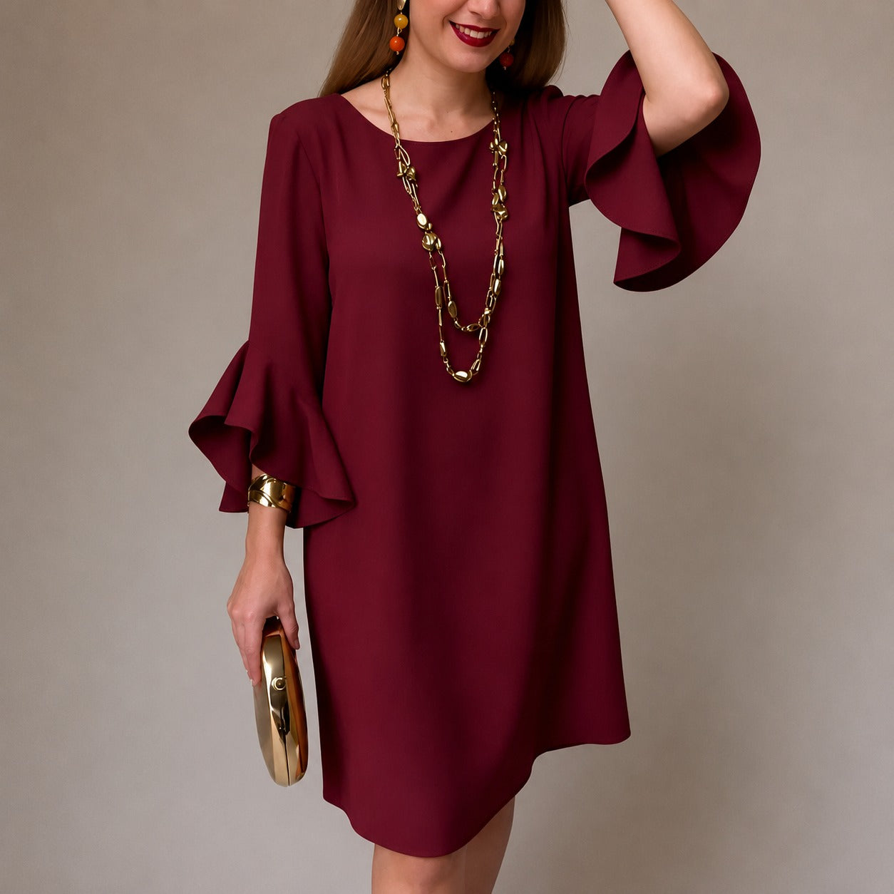 Vestido Lorien™ con Mangas de Volantes, Caída Fluida y Corte Recto