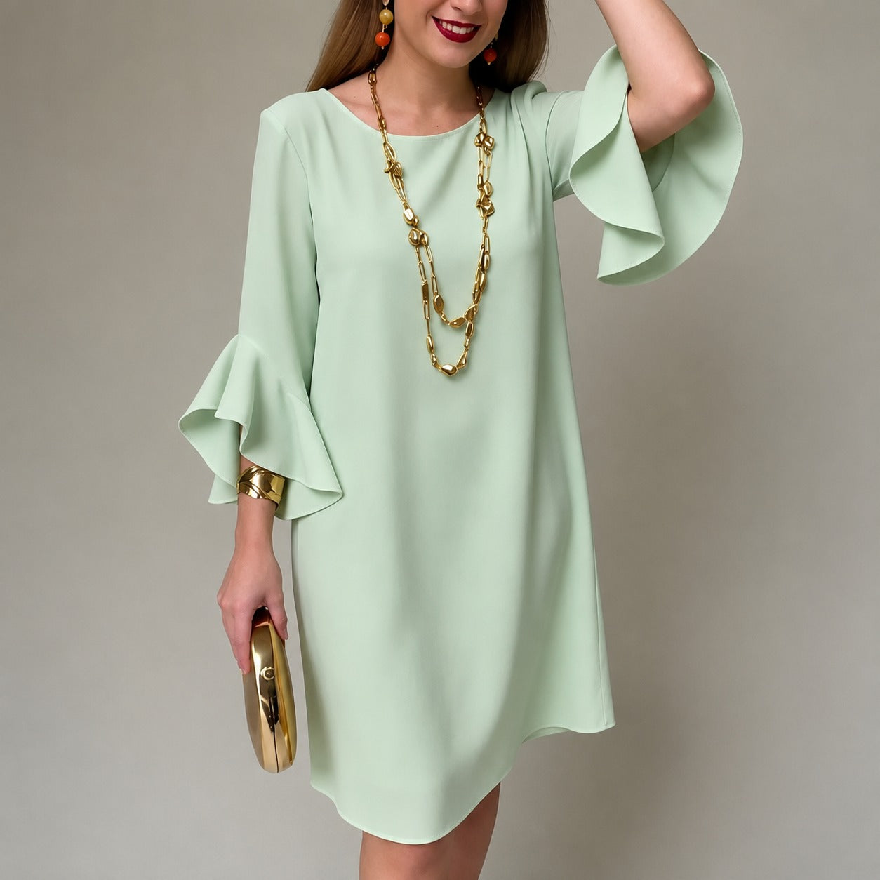 Vestido Lorien™ con Mangas de Volantes, Caída Fluida y Corte Recto