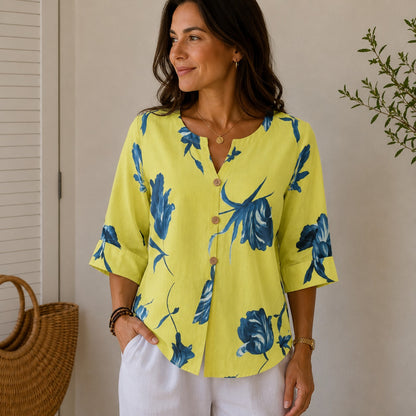 Blusa Fiorella™ en Mezcla de Lino y Algodón con Estampado Floral, Escote Redondo Abierto y Botones Frontales
