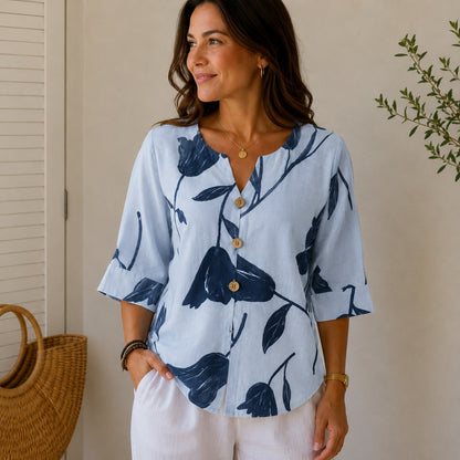 Blusa Fiorella™ en Mezcla de Lino y Algodón con Estampado Floral, Escote Redondo Abierto y Botones Frontales