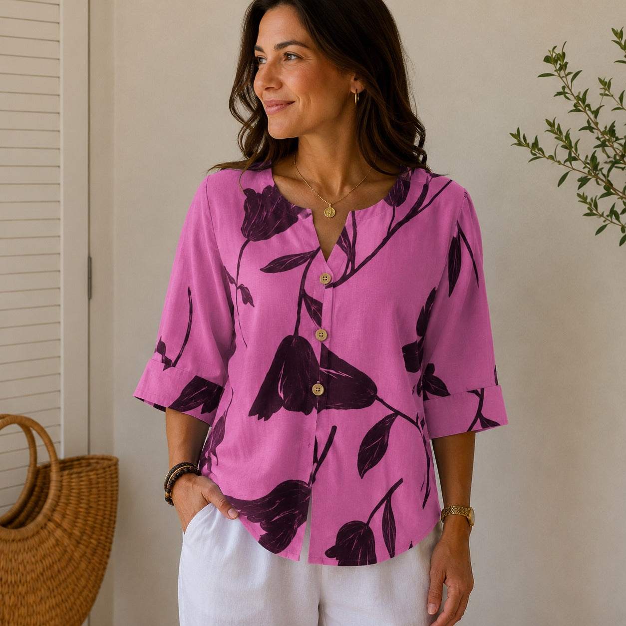 Blusa Fiorella™ en Mezcla de Lino y Algodón con Estampado Floral, Escote Redondo Abierto y Botones Frontales