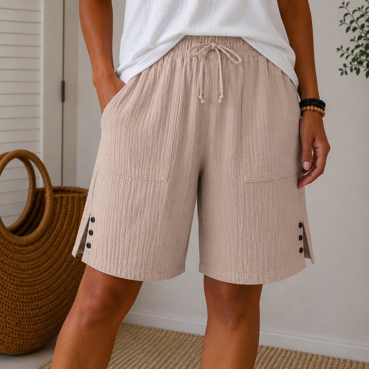 Bermuda Elina™ en Mezcla de Lino y Algodón con Cintura Ajustable, Bolsillos Utilitarios y Bajo con Botones