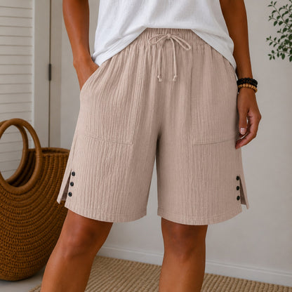 Bermuda Elina™ en Mezcla de Lino y Algodón con Cintura Ajustable, Bolsillos Utilitarios y Bajo con Botones