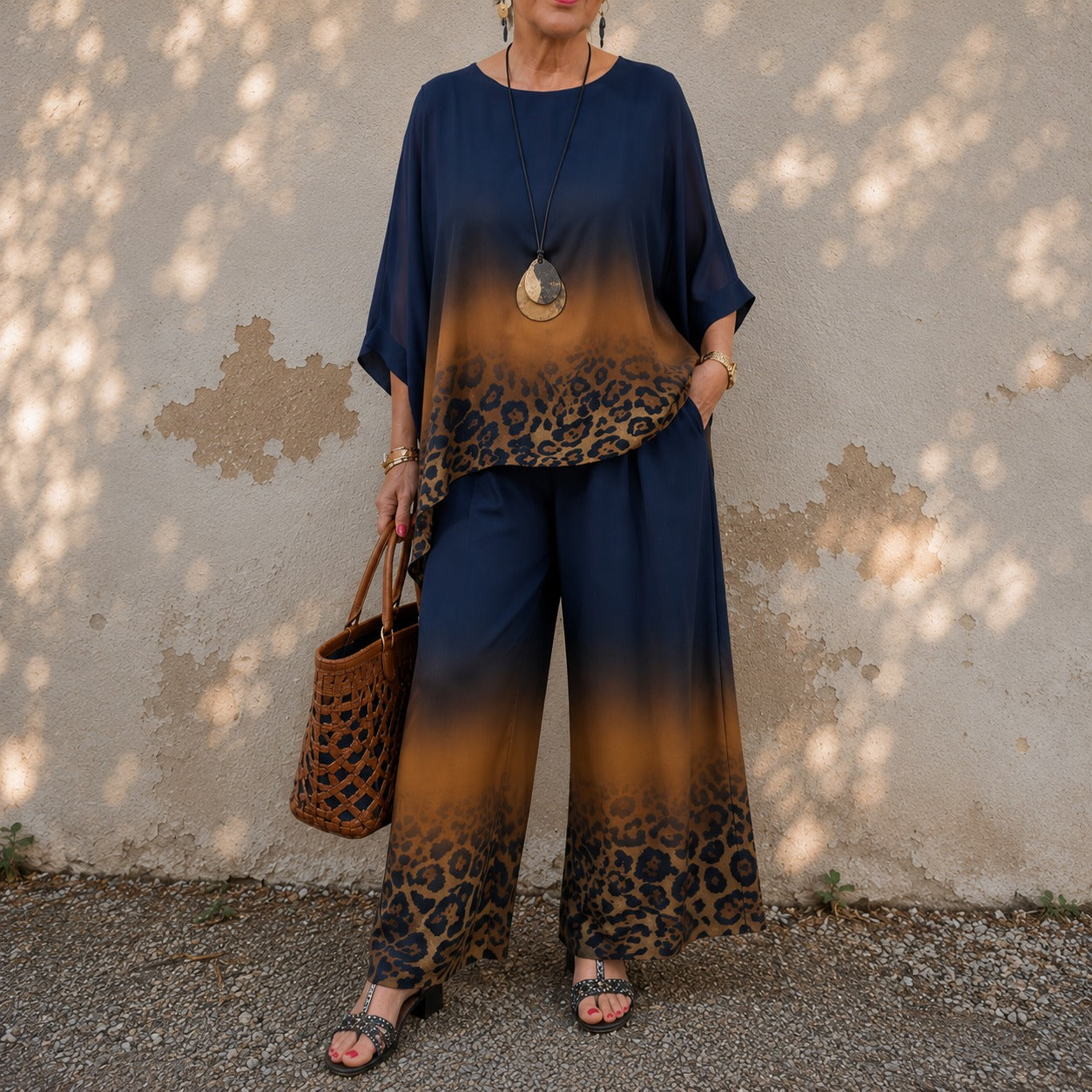 Conjunto Olivia™ con Blusa Asimétrica, Estampado Animal Degradado y Pantalón de Pierna Ancha