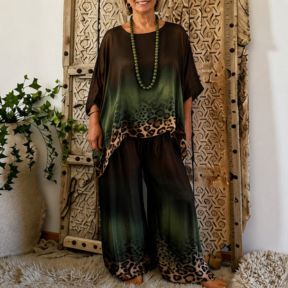 Conjunto Olivia™ con Blusa Asimétrica, Estampado Animal Degradado y Pantalón de Pierna Ancha