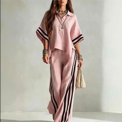 Conjunto Vallena™ Con Blusa De Manga Amplia, Pantalón Palazzo Y Rayas En Contraste