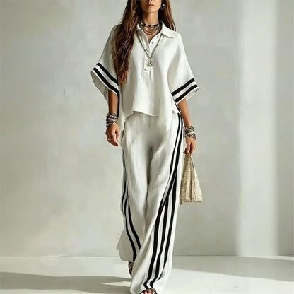 Conjunto Vallena™ Con Blusa De Manga Amplia, Pantalón Palazzo Y Rayas En Contraste