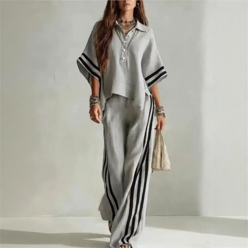 Conjunto Vallena™ Con Blusa De Manga Amplia, Pantalón Palazzo Y Rayas En Contraste