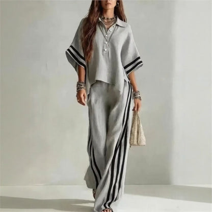 Conjunto Vallena™ Con Blusa De Manga Amplia, Pantalón Palazzo Y Rayas En Contraste